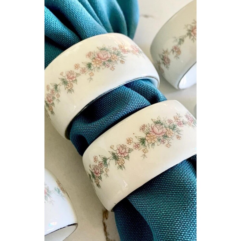 Vintage White‎ Porcelain Pink floral Pattern Silver Trim Napkin Rings Set of 5